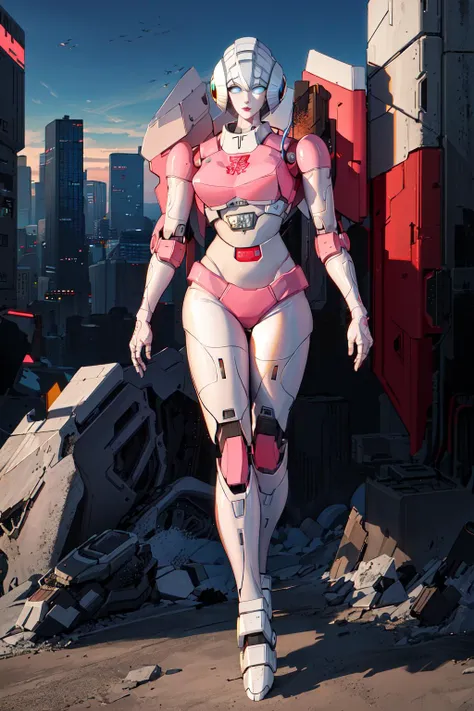 masterpiece,solo, volumetric lighting, best quality, intricate details , <lora:Arcee1.1:1>,Metallic skin, no humans, mecha,robot face,glowing eyes, blue eyes,thin lips,full body, comic,pink skin , complex background,fire,explosion, cityscape, future city,science fiction,