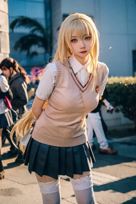 ltra-detailed,highly detailed,best quality,masterpiece,illustration,realistic,photorealistic,
shokuhou misaki, 1girl, solo, cosplay,
tokiwadai school uniform, lace-trimmed gloves, thighhighs, sweater vest, pleated skirt, zettai ryouiki, spider web print,
long hair, blonde hair, bangs,
looking at viewer, cowboy shot, arms behind back, leaning forward,
outdoors, cityscape, night, city lights,
<lora:shokuhou misaki_v1_06:1.0>