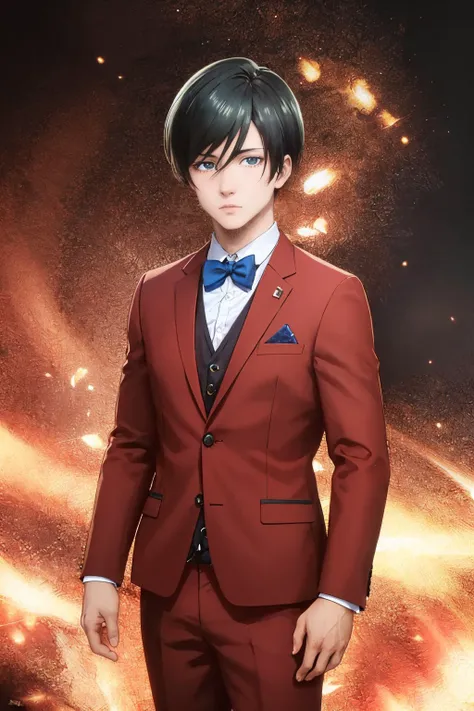 (masterpiece, best quality:1.2), cowboy shot, solo, male focus, 1boy, itoshi rin, expressionless, looking at viewer, blazer, bowtie, pants <lora:bluelock_itoshirin:0.8>