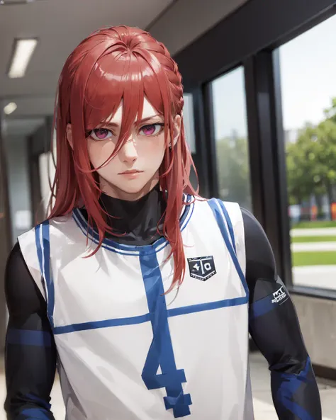 (masterpiece, best quality:1.2), <lora:bl_chigiri-10:0.8>, upper body, solo, male focus, 1boy, chigiri hyoma, serious, looking at viewer, long hair, sportswear
