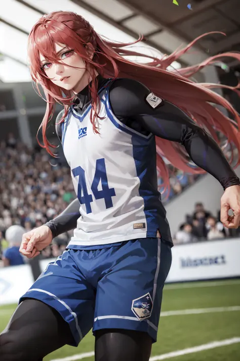 (masterpiece, best quality:1.2), <lora:bl_chigiri-10:0.8>, cowboy shot, solo, male focus, 1boy, chigiri hyoma, serious, long hair, sportswear, football field