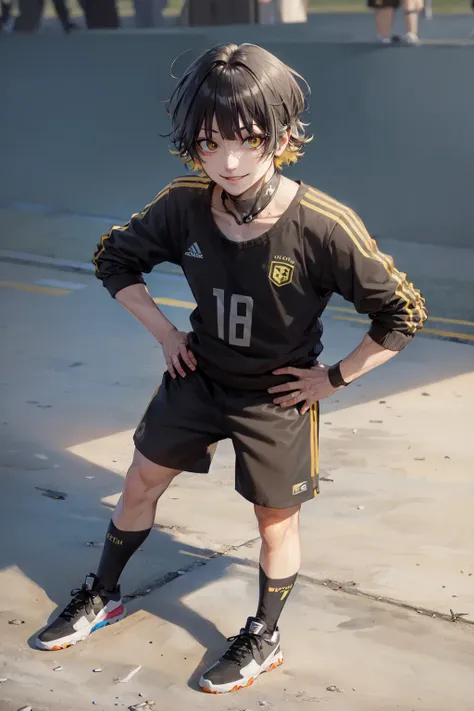 (masterpiece, best quality:1.2), <lora:bl_bachira-10:0.8>, full body, solo, male focus, 1boy, bachira meguru, smile, looking at viewer, hands on hips, sportswear, black shorts, sneakers, soccer field