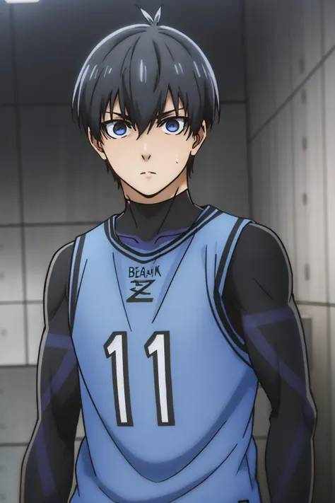 (masterpiece, best quality:1.2), <lora:bluelock_isagiV2:1.0>, solo, male focus, 1boy, isagijersey, expressionless, closed mouth, looking at viewer, sportswear
