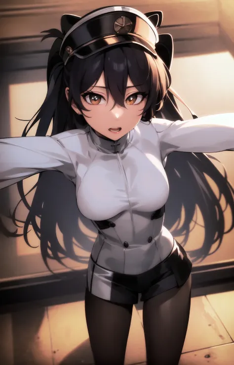 masterpiece, perfect, masterpiece, best quality, ultra-detailed, illustration, rich draw, 8k, 4k,extremely detailed), (best quality), (ultra-detailed), (best illustration), (best shadow), masterpiece, high res, best quality, 1girl, solo, detailed face, intricate details <lora:bambiettaBleach_v09:1> bambie, brown eyes, ((white military hat)), bleach, Bambietta