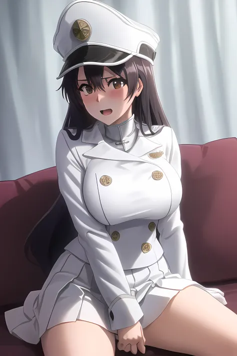 bambietta, sitting on sofa, blush, open mouth, deep brown eyes, hat, (white skirt), white military form, closed medium breasts | big breasts <lora:bambietta:0.8>, masterpiece, detailed, intricate details