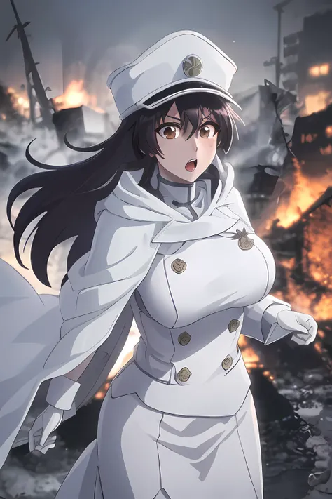 bambietta, burned city, deep brown eyes, hat, (white skirt), white military form, white cloak, closed medium breasts | big breasts, open mouth, <lora:bambietta:0.8>, masterpiece, detailed, intricate details