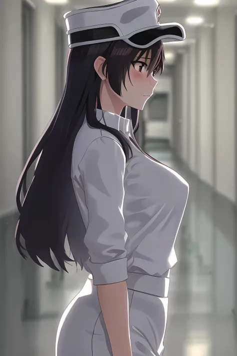 bambietta, school hallway, blush, from side, deep brown eyes, hat, white shirt, (gray skirt), closed medium breasts, <lora:bambietta:0.8>, masterpiece, detailed, intricate details