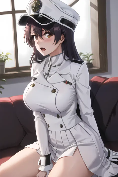 bambietta, sitting on sofa, blush, open mouth, deep brown eyes, hat, (white skirt), white military form, closed medium breasts | big breasts <lora:bambietta:0.8>, masterpiece, detailed, intricate details