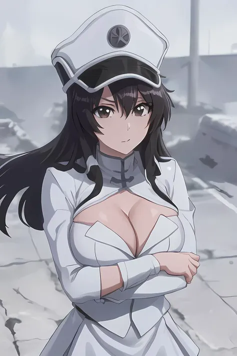 bambietta, solo, white military form, deep brown eyes, white skirt, medium breasts | big breasts, cleavage, <lora:bambiettaBleach_v091:0.8>, heart