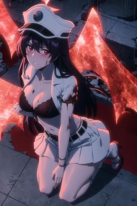 bambietta, flying, (burned ruined city:1.2), (blush:1.2), parted lips, kneels on ground, raining, blood on breasts, red eyes, hat, white military form, short white pleated skirt, upskirt, black lace panties, medium breasts, masterpiece, detailed, intricate details, <lora:bambietta-000004:0.8>, belt,(black lace bra:1.2), from above, red glowing wings, looking at viewer