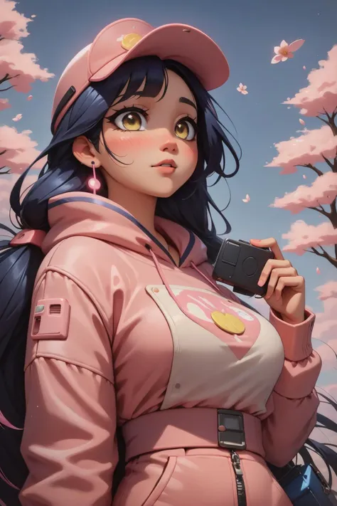 1girl, [ (colorful art stylized by Anne Rothenstein:1.2) | (Robert Bissell:0.8) | (Ilya Repin:0.8) | (Ricardo Bofill:0.8) ], mundane portrait, hyper detailed, close up of a cherry blossom pink Papuan ([Skis:Portable chargers:5]:1.3) , the Portable chargers is very Engrossing and Repressive, it is anthropomorphic reimagined as a Grand Theft Auto game character, it is designed by Warner Brothers, at Jagged trees, crowded cityscape and Interstellar cloud in background, at Twilight, Wide view, Graphic novel, Light, Terrorwave, key light, F/2.8, Offset print, quantum wavetracing, dripping DayGlo yellow and Neutral, dslr, Flickr