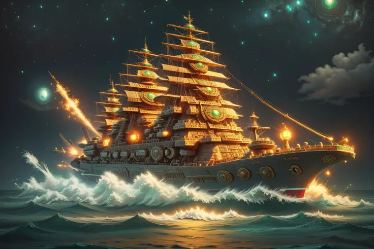 battleship warship firing, large guns,
(masterpiece:1.2), (highly detailed:1.2), (intricate:1.2), (best quality:1.2),(8k:1.2),
cinematic night light, vivid colors,
ocean starfield <lora:MayanGoldWorldT:1> mayanworld