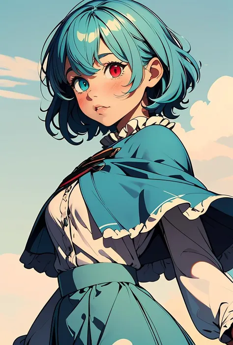(masterpiece, best quality), 1girl, <lora:1730290405606130953:0.8> 1girl, Kogasa Tatara, short teal hair, (heterochromia: blue right eye, red left eye), blue capelet, frills, white long-sleeved shirt, frills, teal skirt, high-waist skirt,