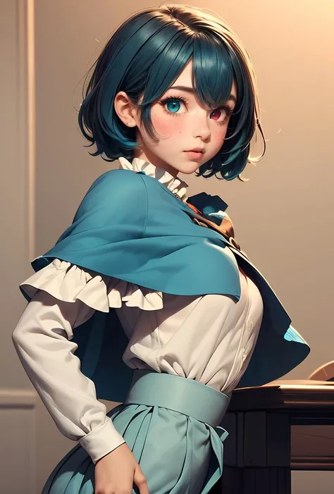 (masterpiece, best quality), 1girl,   <lora:1730290405606130953:0.8> 1girl, Kogasa Tatara, short teal hair, (heterochromia: blue right eye, red left eye), blue capelet, frills, white long-sleeved shirt, frills, teal skirt, high-waist skirt,