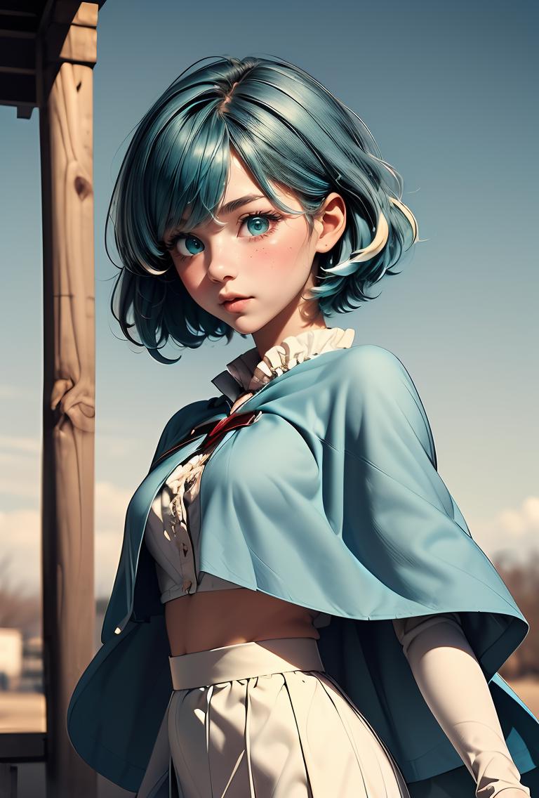 A close up of a woman with blue hair and a cape - SeaArt AI