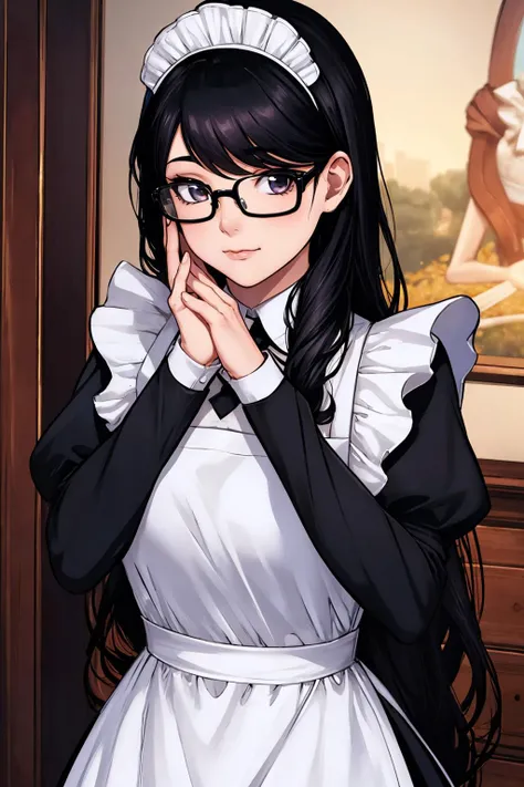 (masterpiece, best quality:1.2),  <lora:diabolumberto:1>, diabolumberto, 1girl, solo, long hair, maid headdress, maid, apron, glasses, long sleeves, puffy sleeves, juliet sleeves, black dress, dress, looking at viewer, white apron, black-framed eyewear, very long hair, maid apron, closed mouth, bangs, black hair