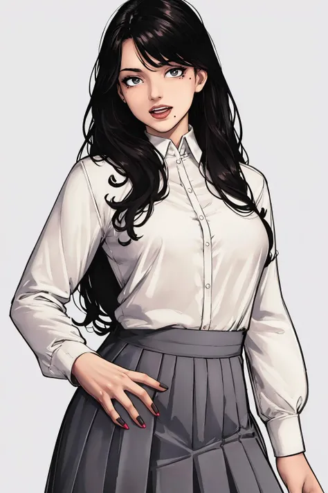 (masterpiece, best quality:1.2), <lora:diabolumberto:1>, diabolumberto, 1girl, mole, black hair, solo, white background, simple background, mole under eye, skirt, long hair, mole under mouth, looking at viewer, grey eyes, black skirt, holding, shirt, long sleeves, open mouth, nail polish