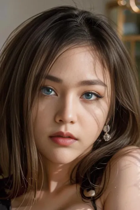 (best quality,ultra-detailed,realistic,RAW photo,8k uhd,ultra high res, masterpiece,dramatic lighting,extremely detailed CG unity wallpaper), 1girl,ultra-wide angle shot, ((bob hairstyle)),lying in the bed, looking at the viewer,full body,(beautiful details face and eyes:2), (delicate facial features), light smile, blush,detailed beautiful skin,photorealistic style,cinematic scenes, sharp, <lora:vymilk_v1_100:1>