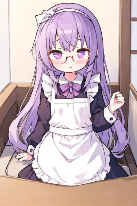 1girl, maid apron, purple hair, glasses, flat chest, lolly, <lora:sitac-000016:1>, asakura rikako, shy, blush, hairband, table, half body