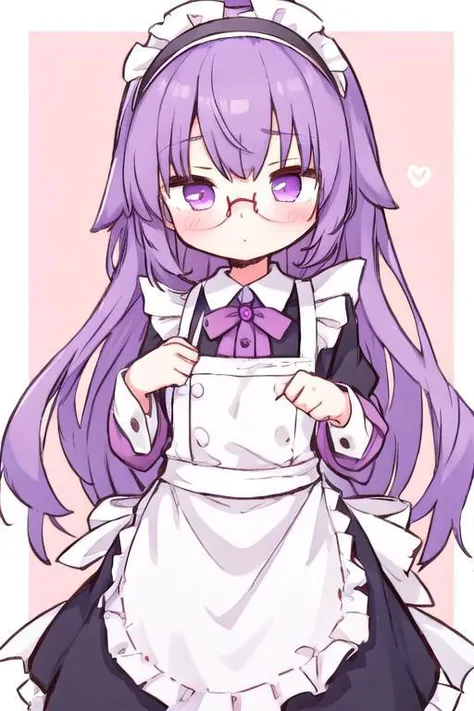 1girl, maid apron, purple hair, glasses, flat chest, lolly, <lora:sitac-000016:1>, asakura rikako, shy, blush, hairband