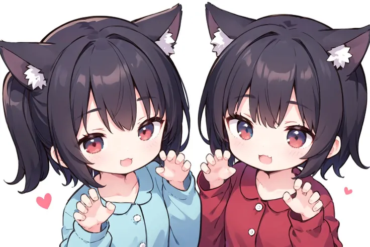 2girls, close-up, (claw pose:1.1), pajamas, wide sleeves, puffy sleeves, :3, half-closed eyes, short hair, animal ears, medium shot, red eyes, blue eyes, white background, red eyes, (arms behind back:1.1), :d