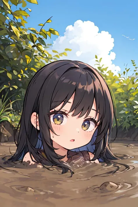 (masterpiece, best quality),1girl, beautiful face, <lora:partially_submerged:1> partially submerged, mud