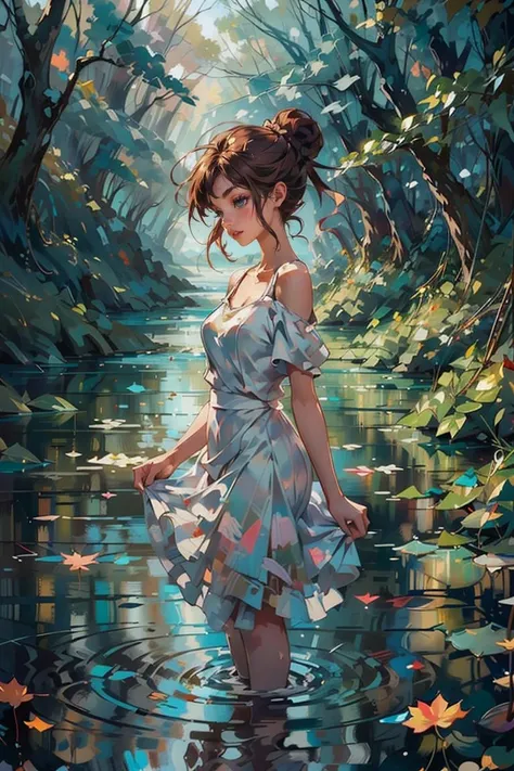 <lora:shuicolor_v1:0.9>
shui001,1girl, solo, dress, water, single hair bun, hair bun, nature, white dress, closed eyes, brown hair, reflection, leaf, bare shoulders, tree, ripples, wading, forest