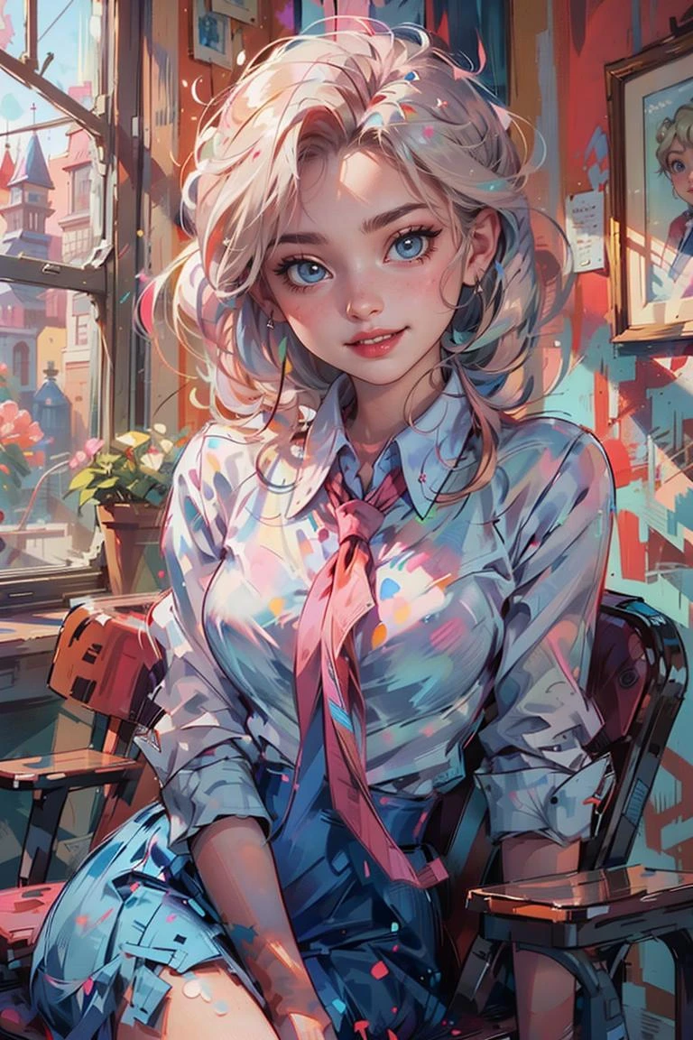 <lora:shuicolor_v1:0.9>
shui001,1girl, solo, elsa (frozen), sitting, blonde hair, shirt, necktie, smile, looking at viewer, chair, makeup, blue eyes, realistic, collared shirt, lips, pink necktie, white shirt, sleeves rolled up, nose, braid, lipstick, red lips