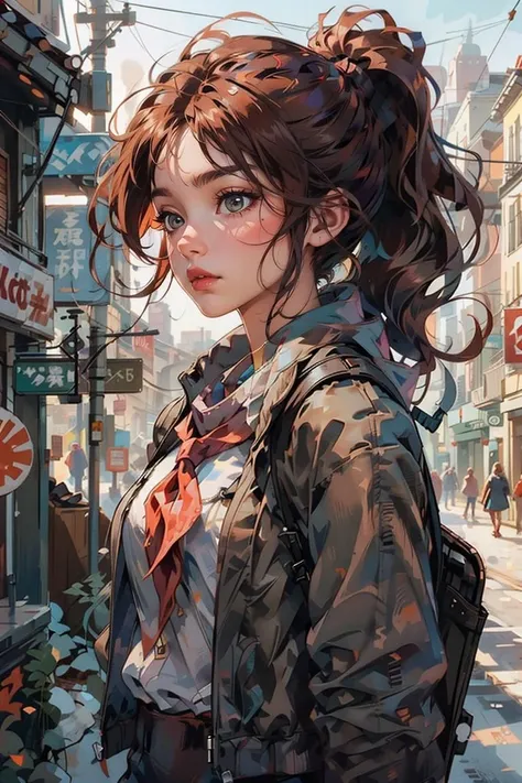 <lora:shuicolor_v1:0.9>
shui001,1girl, brown hair, ponytail, bag, backpack, long hair, lips, jacket, solo focus, shirt, white shirt, solo, neckerchief, nose, upper body, closed mouth