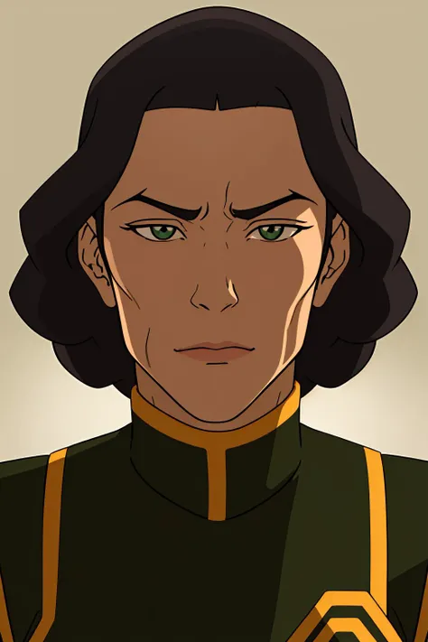the legend of korra, masterpiece, best quality, ultra-detailed, portrait of beautiful LinTLOK, Black uniform, plated armor, mature female, looking_at_viewer, closed_mouth, simple_background, portrait, volumetric lighting,intricate details, tonemapping, sharp focus, hyper detailed, trending on Artstation, <lora:LinTLOK:0.6> <lora:the_legend_of_korra_v2_offset:1>