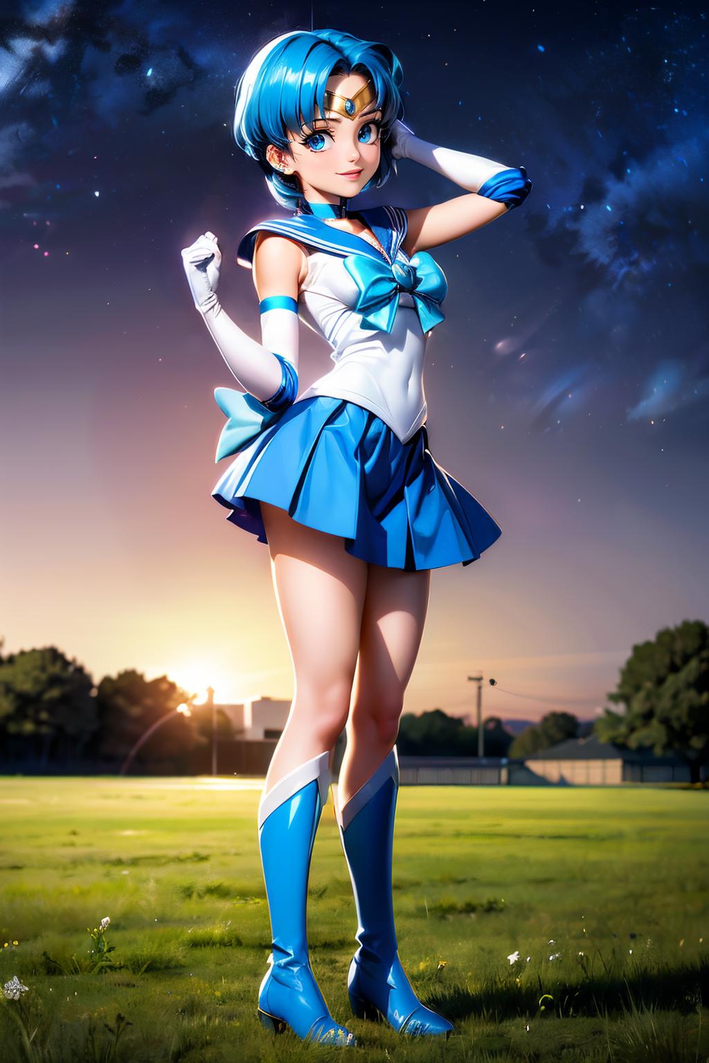 A woman in a blue and white dress posing in a field - SeaArt AI