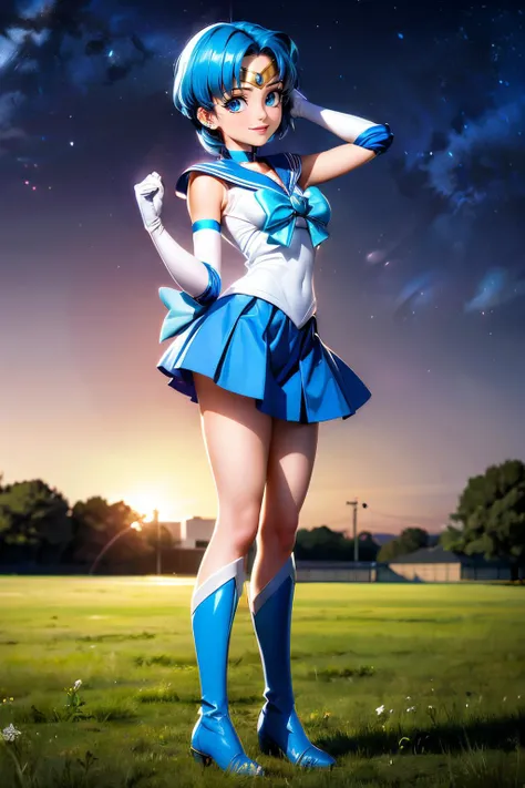 SailorMercury, short blue hair, blue eyes, gold circlet, choker, sailor senshi uniform, white elbow gloves, blue serafuku, blue skirt, elbow gloves, blue bow, blue boots, looking at viewer, smiling, standing, full body shot, outside, park, field, night, stars, high quality, masterpiece, <lora:AmiMizuno:.8>