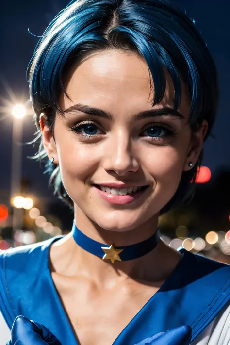 SailorMercury, short blue hair, blue eyes, gold circlet, choker, sailor senshi uniform, white elbow gloves, blue serafuku, looking at viewer, smiling, close up, outside, park, night time, stars, high quality, masterpiece, <lora:AmiMizuno:.8>
