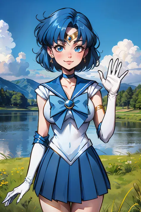 SailorMercury, short blue hair, blue eyes, gold circlet, choker, blue sailor senshi uniform, white elbow gloves, blue skirt, white elbow gloves, blue bow, looking at viewer, smiling, happy, mouth open, blush, standing, waving, hand, outside, park, lake, grass, winter, blue sky, high quality, masterpiece, <lora:AmiMizuno:.8>