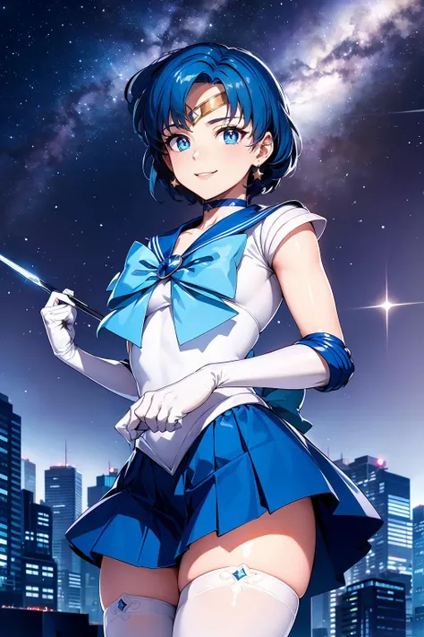 (solo, 1girl), (absurdres, highres, official wallpaper, poster), (masterpiece, best quality:1.2), (illustration, realistic), (perfect details, highest detailed, extreme detailed), dramatic light, AmiMizuno, (sailor mercury, neck ribbon, blue hair, short hair, circlet, jewelry, crescent earrings), (city, starry sky), (seductive smile, blush, standing), full body, hand on hip