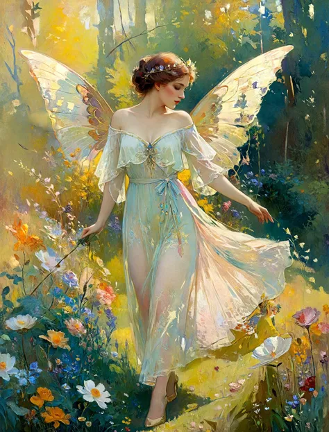 <lora:add-detail-xl:2.0>, <lora:xl_more_art-full-xl:0.6>, <lora:envyzoomsliderxl01-xl:-0.8>, a regal looking beautiful fae in a luxurious dress with colorful translucent wings in a flowery glade, glow worms, (by archan nair:1.4), (by william turner:1.2), (by claude monet:1.2), (by henry asencio:1.1), (by edgar degas:1.1), (by pierre-auguste renoir:1.1), (by gustav klimt:1.1), (by alphonse mucha:1.1), art nouveau, golden hour, front lighting, side lighting, epic, dramatic, dynamic, mythical, legendary, ethereal, dreamy, cinematic  photorealistic, 8k uhd natural lighting, raw, rich, intricate details, key visual, atmospheric lighting, 35mm photograph, film, bokeh, professional, 4k, highly detailed