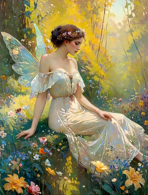 <lora:add-detail-xl:2.0>, <lora:xl_more_art-full-xl:0.6>, <lora:envyzoomsliderxl01-xl:-0.8>, a regal looking beautiful fae in a luxurious dress with colorful translucent wings in a flowery glade, glow worms, (by archan nair:1.4), (by william turner:1.2), (by claude monet:1.2), (by henry asencio:1.1), (by edgar degas:1.1), (by pierre-auguste renoir:1.1), (by gustav klimt:1.1), (by alphonse mucha:1.1), art nouveau, golden hour, front lighting, side lighting, epic, dramatic, dynamic, mythical, legendary, ethereal, dreamy, cinematic  photorealistic, 8k uhd natural lighting, raw, rich, intricate details, key visual, atmospheric lighting, 35mm photograph, film, bokeh, professional, 4k, highly detailed