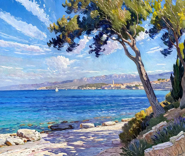 Impressionist painting Impressionist painting Claude Monet painting Antibes sea view with tree. . Loose brushwork, vibrant color, light and shadow play, captures feeling over form . Loose brushwork, vibrant color, light and shadow play, captures feeling over form