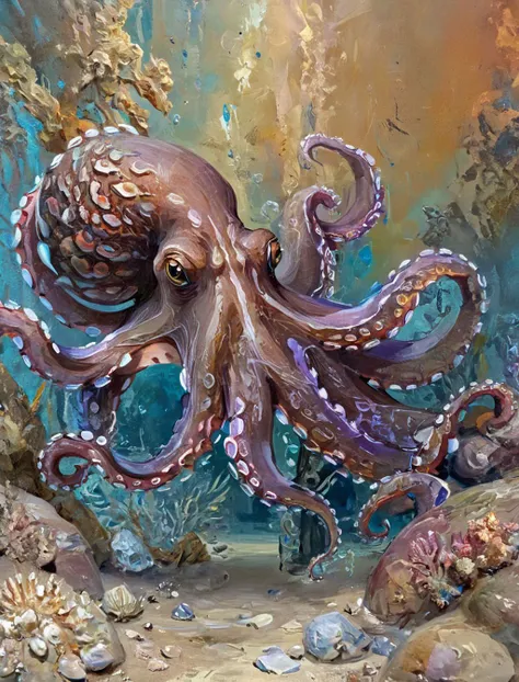Painterly style brush stroke painting of a crested octopus axanthic morph, full body, dynamic under water pose, perfect eyes, extremely detailed, highest quality, abstract style art, award winning masterpiece artstation (detailed dirty skin:1.3) shiny, (epic battleground backgroun :1.2), . analog, haze, hard light, sharp focus on eyes, low saturation, high contrast, defiant and seductive, colorful polychromatic, ultra detailed, ultra quality, Cinematic Lighting, intricate, smooth, s, Asymmetrical Balance, , dynamic lighting, complex, head and full body, cinematic, colorful background, concept art, 8k, dramatic lighting, high detail, highly detailed, hyper realistic, intricate, intricate sharp details, octane render, smooth, studio lighting, trending on artstation.