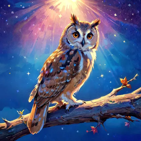 Psychedelic style cinematic photo there is a small owl sitting on a branch in the night, art station front page, hyper realistic eyes, pixar artstyle, background is made of stars, is at dawn and bluish, looking this way, realistic sky, huge adorable eyes, cinematic, colorful background, concept art, 8k, dramatic lighting, high detail, highly detailed, hyper realistic, intricate, intricate sharp details, octane render, smooth, studio lighting, trending on artstation., cinematic  photorealistic, 8k uhd natural lighting, raw, rich, intricate details, key visual, atmospheric lighting, 35mm photograph, film, bokeh, professional, 4k, highly detailed . 35mm photograph, film, bokeh, professional, 4k, highly detailed . Vibrant colors, swirling patterns, abstract forms, surreal, trippy