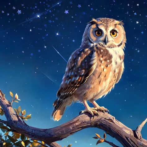 cinematic photo there is a small owl sitting on a branch in the night, art station front page, hyper realistic eyes, pixar artstyle, background is made of stars, is at dawn and bluish, looking this way, realistic sky, huge adorable eyes, cinematic, colorful background, concept art, 8k, dramatic lighting, high detail, highly detailed, hyper realistic, intricate, intricate sharp details, octane render, smooth, studio lighting, trending on artstation., cinematic  photorealistic, 8k uhd natural lighting, raw, rich, intricate details, key visual, atmospheric lighting, 35mm photograph, film, bokeh, professional, 4k, highly detailed . 35mm photograph, film, bokeh, professional, 4k, highly detailed