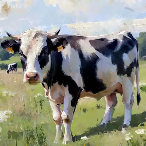 a painterly style painting, large brush strokes, a cow in a field, close up , facing the camera.