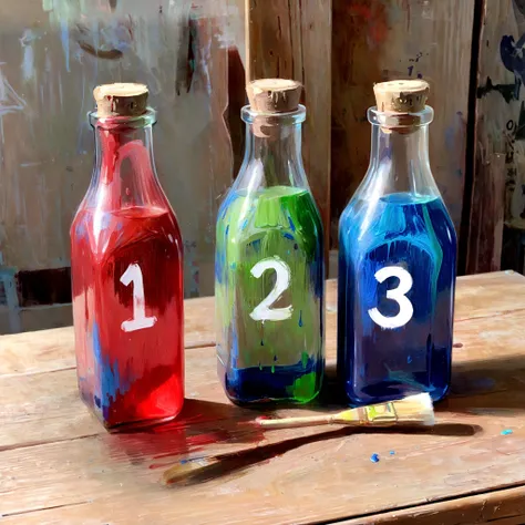 Painterly painting, Three transparent glass bottles on a wooden table. The one on the left has red liquid and the number 1. The one in the middle has blue liquid and the number 2. The one on the right has green liquid and the number 3, large brush strokes.