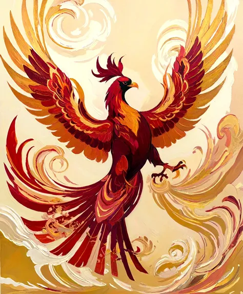 professional mesmerizing painting, dominated by intense burgundy red hues of a phoenix, swirling with intricate patterns and a golden phoenix rising gracefully. The phoenix, with its fiery gold and beige tones, soars above the sea of burgundy, symbolizing the aspiration for success and harmony. The composition exudes a strong sense of passion, ambition, and the desire for balance between one's deepest obsessions and the pursuit of comfort. The vivid colors and dynamic movement create a captivating visual experience that speaks to the viewer's soul. . octane render, highly detailed, volumetric, dramatic lighting