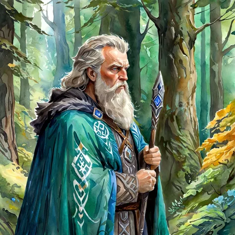 Watercolor painting RPG  Odin from Norse mythology with distinct features: his one-eyed countenance exuding ancient wisdom, a flowing cloak adorned with runic symbols, and a majestic, windswept beard. Capture the atmosphere within a deep forest, where Odin stands, his presence resonating with both regality and the mystique of nature.