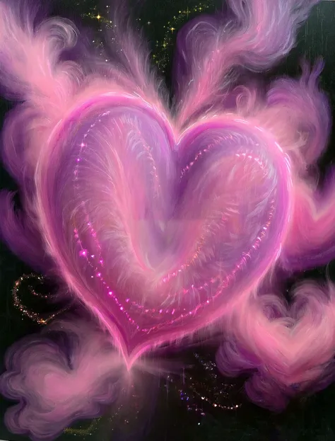 Chalk drawing of a big purple heart in a magical pink cloud of sparkly pink mist/fog <lora:xl_more_art-full_v1:1.5> on a black background.