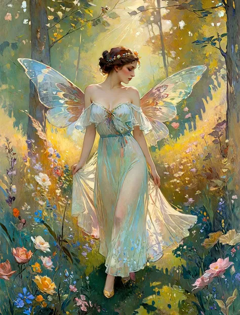 <lora:add-detail-xl:2.0>, <lora:xl_more_art-full-xl:0.6>, <lora:envyzoomsliderxl01-xl:-0.8>, a regal looking beautiful fae in a luxurious dress with colorful translucent wings in a flowery glade, glow worms, (by archan nair:1.4), (by william turner:1.2), (by claude monet:1.2), (by henry asencio:1.1), (by edgar degas:1.1), (by pierre-auguste renoir:1.1), (by gustav klimt:1.1), (by alphonse mucha:1.1), art nouveau, golden hour, front lighting, side lighting, epic, dramatic, dynamic, mythical, legendary, ethereal, dreamy, cinematic photorealistic, 8k uhd natural lighting, raw, rich, intricate details, key visual, atmospheric lighting, 35mm photograph, film, bokeh, professional, 4k, highly detailed