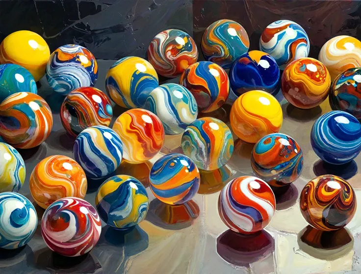 paintery stle large brush stokes A captivating painting , render of a stunning collection of handmade marbles, each with a unique and vibrant color pattern. The marbles are displayed on a dark, polished surface, highlighting their intricate designs and rich colors. The various patterns range from swirling gradients to bold, geometric shapes. The overall atmosphere of the image is vibrant and eye-catching abstract painting.