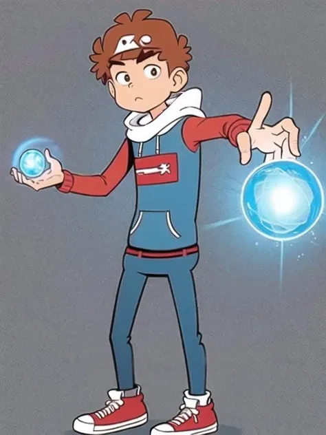 best lighting,masterpiece,best quality,<lora:ashuai:0.7>,brown hair,solo,yellow hoodie,simple background,shoes,pants,short hair,jeans,stand,<lora: Rasengan:0.6>,rasengan,blue_light,from the front,