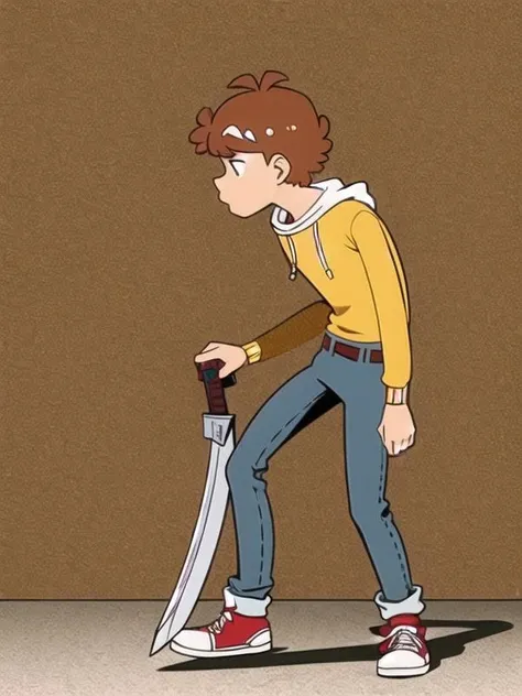 (extremely,detailed ,CG, unity, 8k, wallpaper),best lighting,masterpiece,best quality,<lora:ashuai:0.7>,brown hair,solo,yellow hoodie,simple background,shoes,pants,short hair,jeans,stand,full body,with a samurai sword,